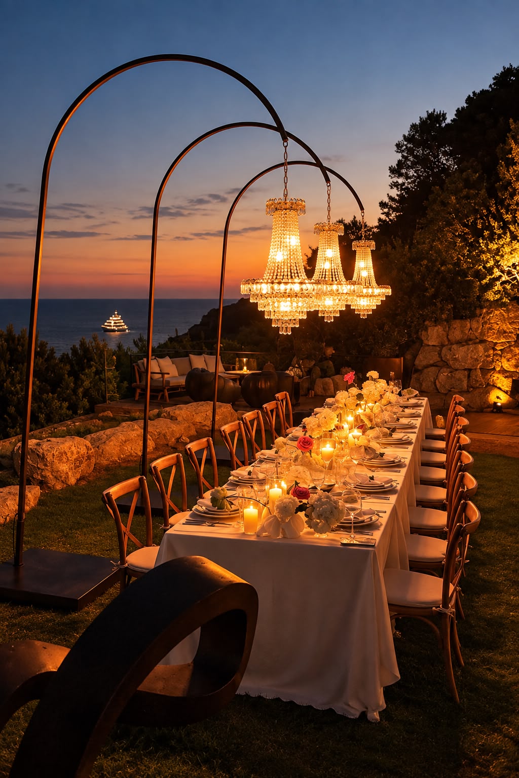 Candlelit wedding table beneath chandeliers overlooking the sea at sunset